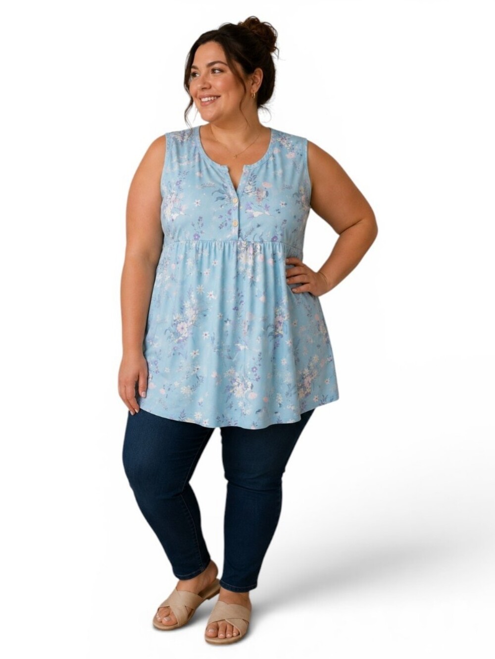 NWT LOVEU.DEAR Floral Babydoll Tunic Top Light Blue Sleeveless Plus Size 1XL